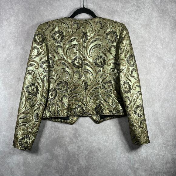 Kay Unger Blazer Jacket 4 Green Metallic Paisley Wool Blend Crop Art Old Money - Picture 4 of 10